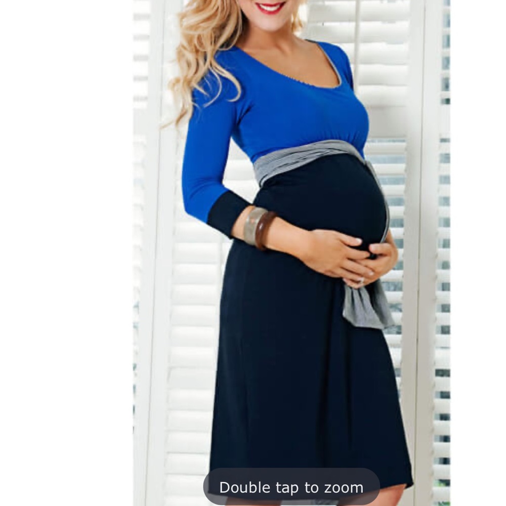 Elegant Blue and Black Long Sleeve Maternity Dress Size 10-12